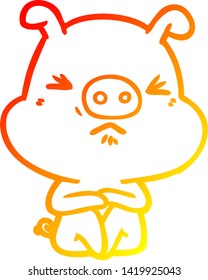 warm gradient line drawing of a cartoon angry pig sat waiting