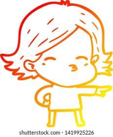 dibujo de línea de degradado cálido de una mujer de dibujos animados señalando