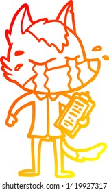 warm gradient line drawing of a cartoon crying wolf wearing work clothes