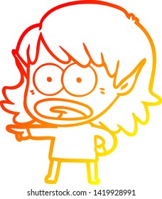 warm gradient line drawing of a cartoon shocked elf girl