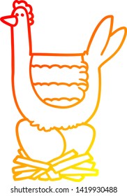 warm gradient line drawing of a cartoon chicken sitting on eggs in nest
