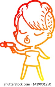 warm gradient line drawing of a cartoon pretty hipster girl