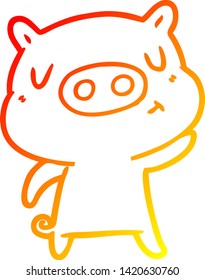 warm gradient line drawing of a cartoon content pig