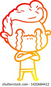 warm gradient line drawing of a cartoon man crying