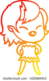 warm gradient line drawing of a cartoon laughing vampire girl