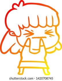 dibujo de línea de gradiente cálido de una niña furiosa de caricatura