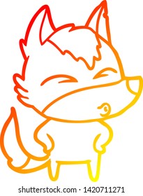 dibujo de línea de degradado cálido de un lobo de dibujos animados silbando