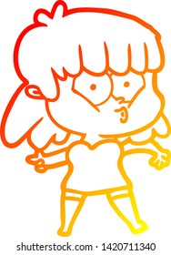 warm gradient line drawing of a cartoon whistling girl
