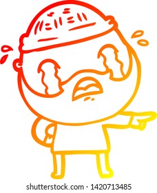 dibujo de línea de gradiente cálido de un hombre barbudo de dibujos animados llorando