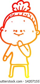 warm gradient line drawing of a cartoon happy old woman