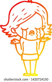 warm gradient line drawing of a cartoon girl crying
