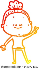 warm gradient line drawing of a cartoon happy old woman