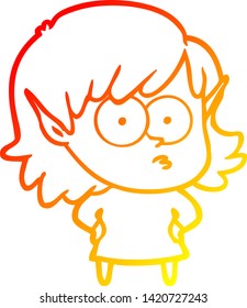 warm gradient line drawing of a cartoon elf girl staring
