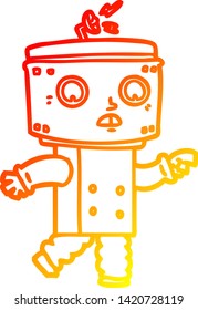 dibujo de línea de degradado cálido de un robot de dibujos animados apuntando