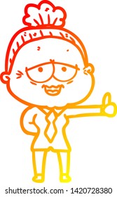 warm gradient line drawing of a cartoon happy old lady
