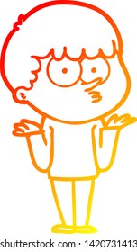 warm gradient line drawing of a cartoon curious boy shrugging shoulders