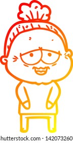 warm gradient line drawing of a cartoon happy old lady