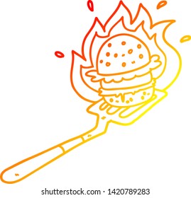 warm gradient line drawing of a cartoon flaming burger on spatula