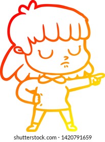 warm gradient line drawing of a cartoon indifferent woman accusing