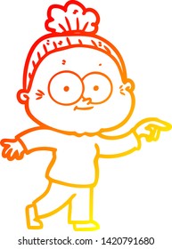 warm gradient line drawing of a cartoon happy old woman
