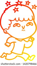 warm gradient line drawing of a cartoon amazed boy