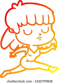 warm gradient line drawing of a cartoon indifferent woman running