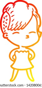dibujo de línea de gradiente cálido de una niña de dibujos animados en ropa