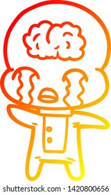 warm gradient line drawing of a cartoon big brain alien crying
