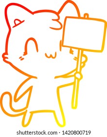 warm gradient line drawing of a cartoon happy cat with blank sign