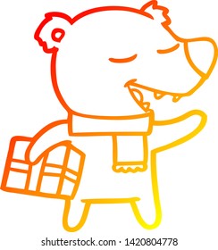 warm gradient line drawing of a cartoon bear with present