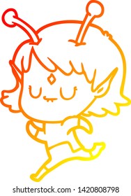 warm gradient line drawing of a cartoon alien girl