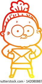 dibujo de línea de gradiente cálido de una anciana feliz con dibujos animados