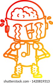 dibujo de línea de gradiente cálido de un robot llorando de caricatura