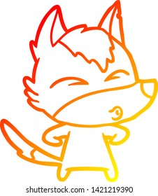 dibujo de línea de degradado cálido de un lobo de dibujos animados silbando