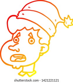 dibujo de una línea de degradado cálido de un hombre de caricatura con sombrero de navidad