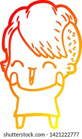 warm gradient line drawing of a cartoon happy hipster girl