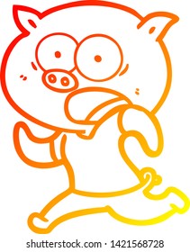 warm gradient line drawing of a cartoon pig running away