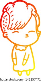 warm gradient line drawing of a cartoon squinting girl