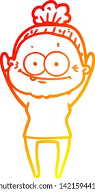 warm gradient line drawing of a cartoon happy old woman