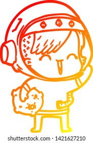 warm gradient line drawing of a cartoon happy spacegirl holding moon rock