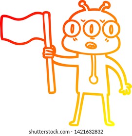 warm gradient line drawing of a cartoon three eyed alien waving flag