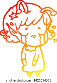 warm gradient line drawing of a cartoon crying alien girl