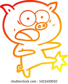 warm gradient line drawing of a cartoon pig shouting and kicking