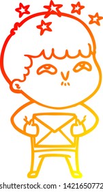 warm gradient line drawing of a cartoon amazed boy