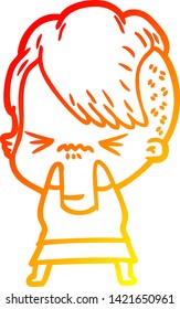 warm gradient line drawing of a cartoon annoyed hipster girl