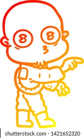 warm gradient line drawing of a cartoon weird bald spaceman pointing