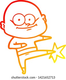 warm gradient line drawing of a cartoon bald man karate kicking