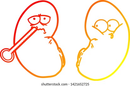 dibujo de línea de gradiente cálido de una caricatura de un riñón no saludable