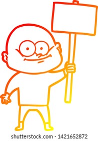 warm gradient line drawing of a cartoon bald man staring with sign
