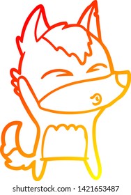 dibujo de línea de degradado cálido de un lobo de dibujos animados silbando